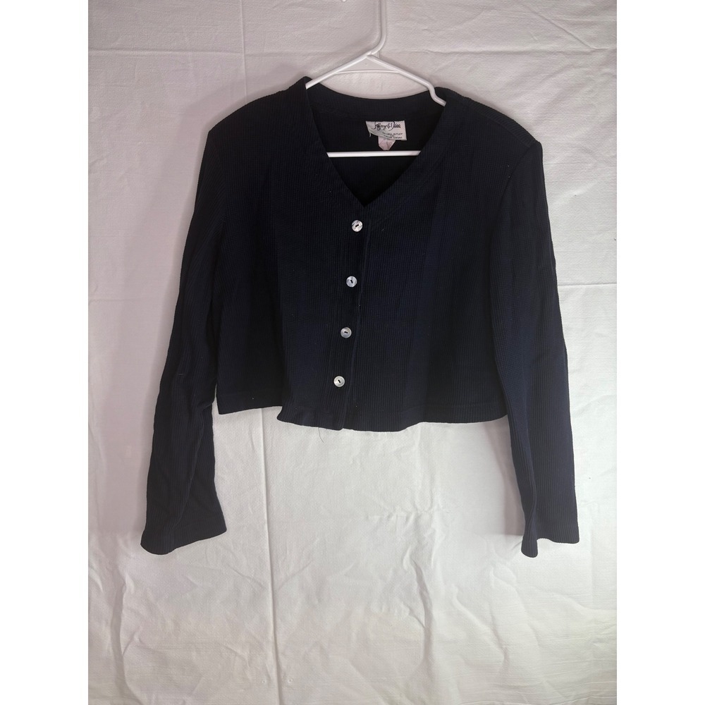 Jeffrey & Jane Navy Blue Textured Cropped Cardigan Jacket Button Front Womens 16